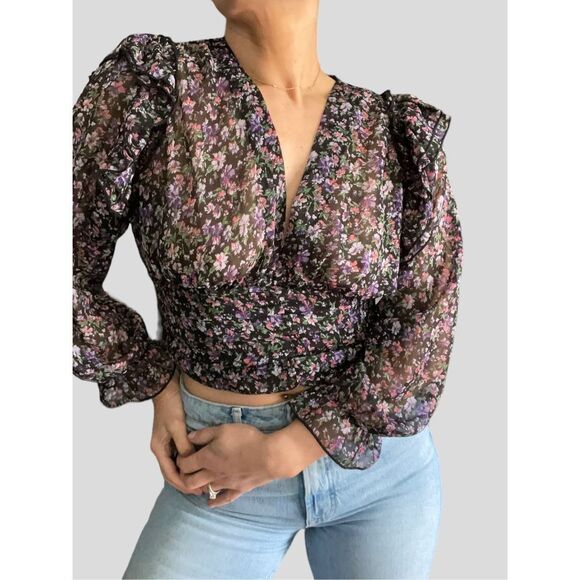 Zara Cropped Blouse Floral Long Sleeve Ruffle V Neck Small - Picture 1 of 7